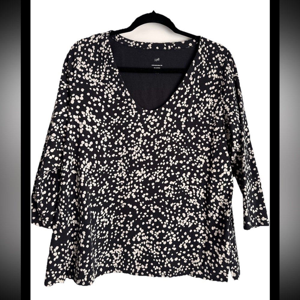 J Jill Women’s Lagenlook Black White 3/4 SL  Vneck  Top Sz L Petite